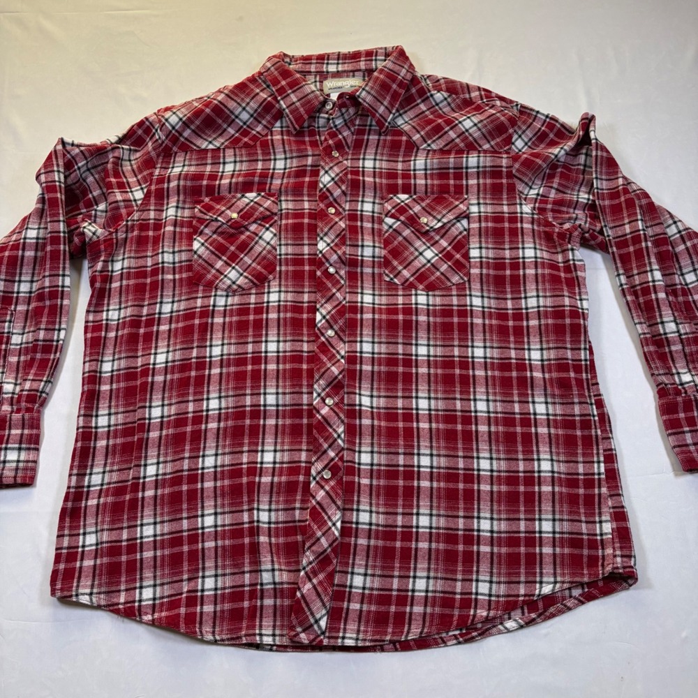 Wrangler Wrancher Mens XXL Red White Plaid Pearl Snap Western Cotton Shirt